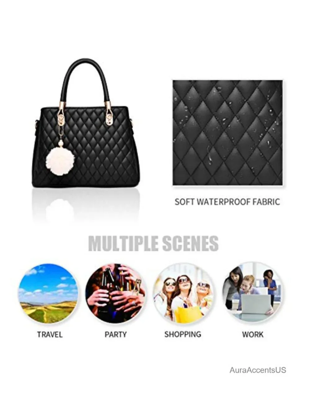 PU Leather Satchel Handbag with Pom Pom - Tote Shoulder Bag for Women